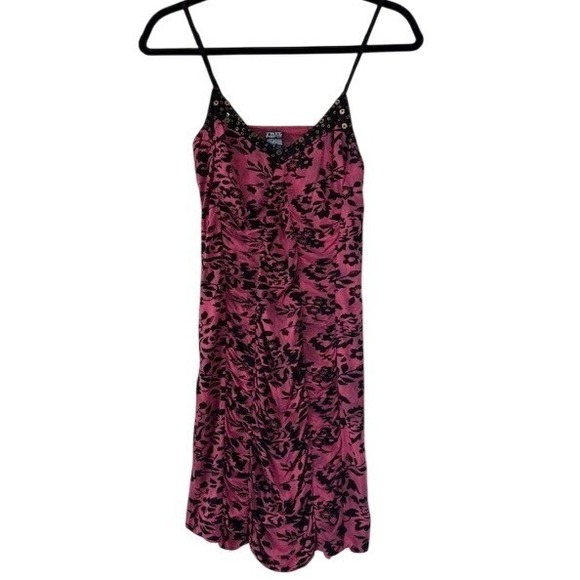 Free People Dresses & Skirts - Free People Vintage Y2K Pink Black Floral Ruched Sequin Mini Cocktail Dress Sz 2